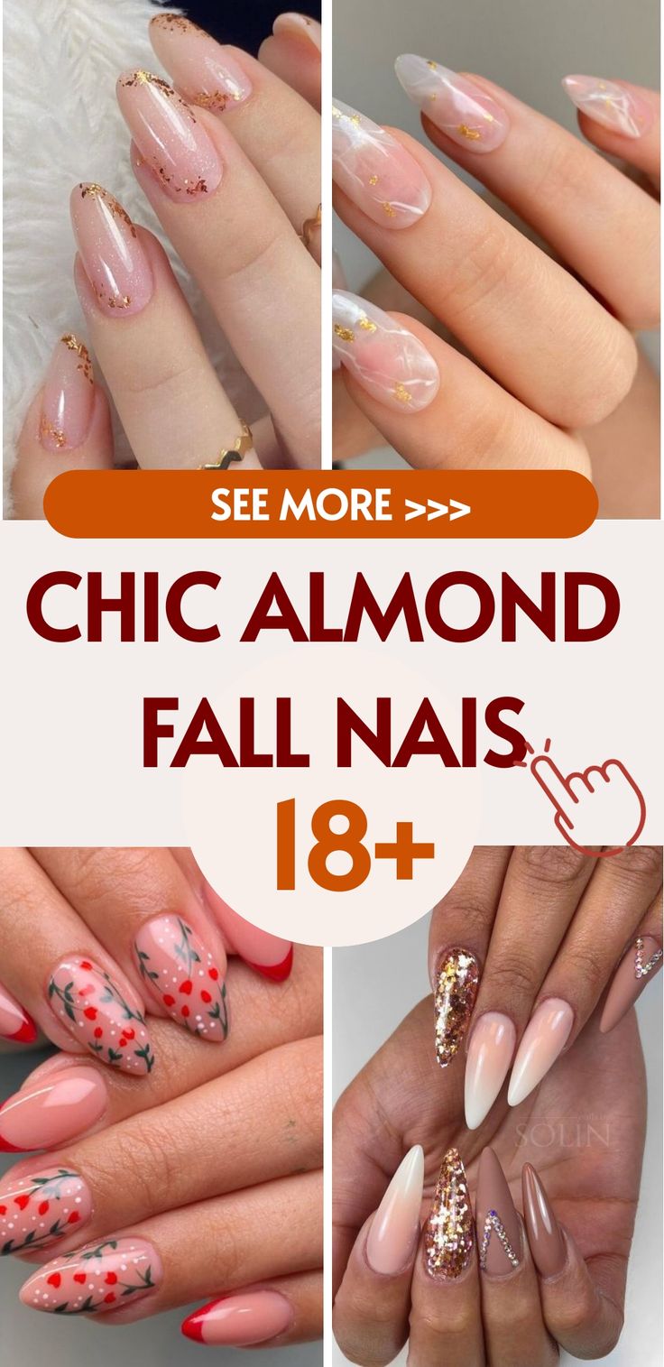 Experience the elegance of chic almond nails this autumn season. Elevate your style effortlessly with this trendy nail shape that exudes sophistication. Embrace deep hues like plum, chocolate brown, and forest green to elevate your fall look. These chic almond nails are perfect for any fall activity, from pumpkin patch visits to cozy evenings by the fireplace. Embrace the essence of the season with these stylish nails! Almond Shape Nails With Gems, Fall Nails For Almond Shape, Short Almond Nails For Fall, Almond Acrylic Nails Fall Colors, Fall 2024 Almond Nails, Hot Almond Nails, Early Fall Nails Almond, Almond Nails Fall 2024, November Nails Almond Shape