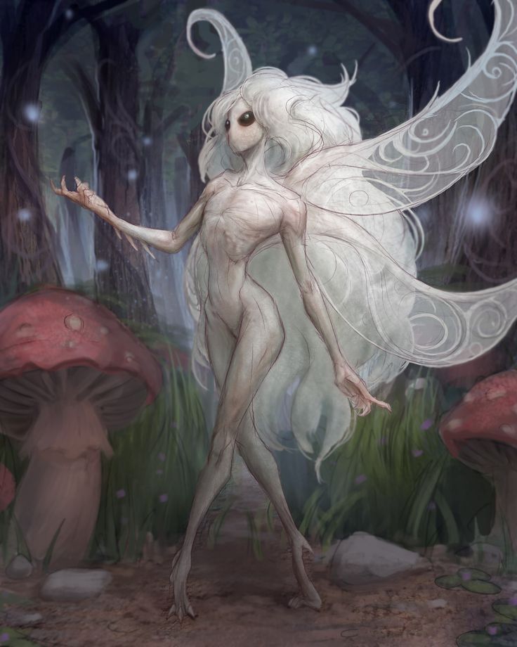 a white fairy standing in the middle of a forest