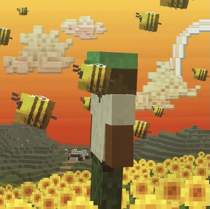 an image of some bees flying in the air over a field of sunflowers