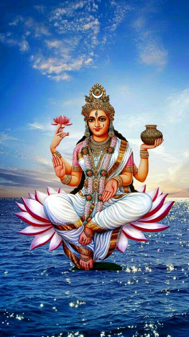 the hindu god sitting on top of a lotus in the ocean holding a potted plant