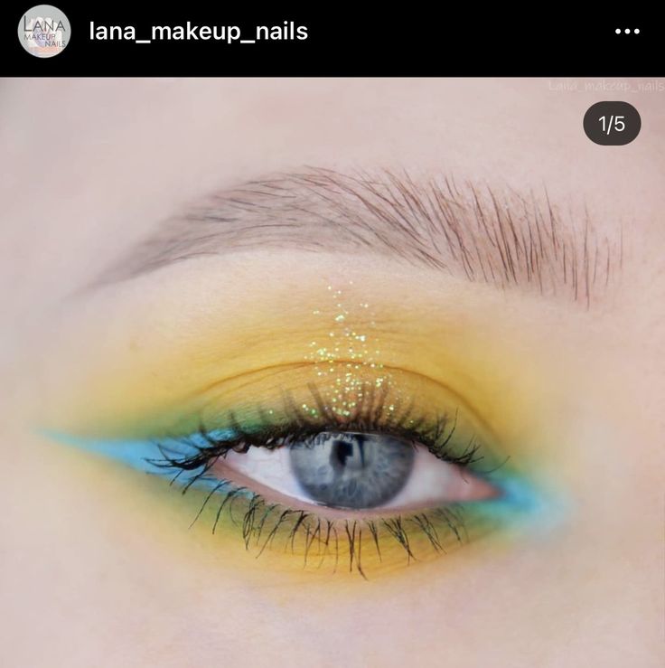 Pink Yellow Blue Eyeshadow, Blue And Yellow Eyeliner, Simple Bright Makeup, Flounder Makeup The Little Mermaid, Yellow And Blue Makeup Looks, Blue And Yellow Eye Makeup, Yellow And Blue Eyeshadow Looks, Green And Yellow Eyeshadow Looks, Blue And Yellow Eyeshadow Looks