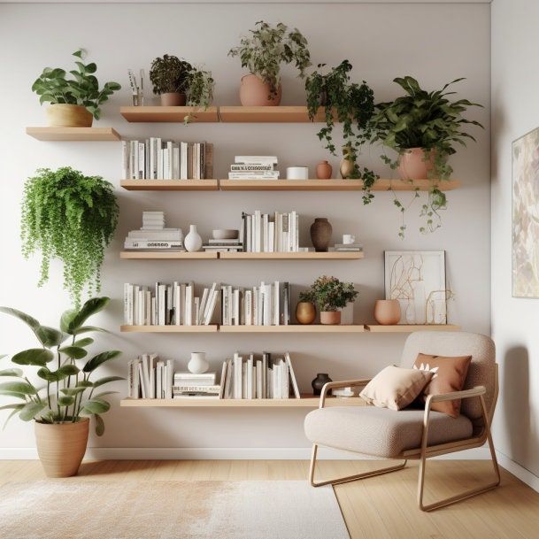 a living room filled with lots of plants and bookshelves on top of shelves