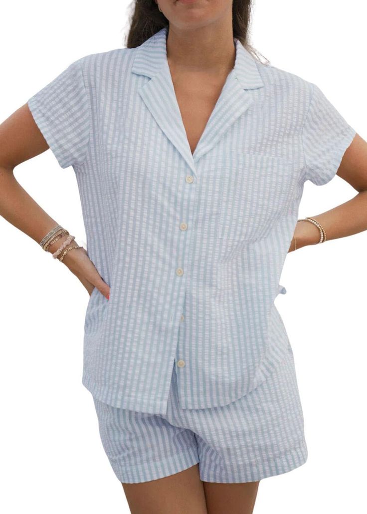 PRICES MAY VARY. 【Cotton Pj Sets for Women Material】These striped pajama set is made of soft material,comfortable and lightweight,making you feel cool in summer to release your body and promote your sleep 【Button Up Pajamas for Women Features】Trendy print pajama set for y2k girls features short sleeve, button down shirt, pink white and blue white striped pjs.Matching short bottom,striped pajama shorts have elastic waist with drawstring.Basic womens loungewear set, also can be bride getting ready 100% Cotton Pjs, Matching Pjs For Bridesmaids, Pajama Set Coquette, Bridesmaid Pajamas Blue, Cute Preppy Pjs, Smiley Face Pajamas, Blue And White Pajamas, Gingham Pajama Set, Cute Clothes Amazon