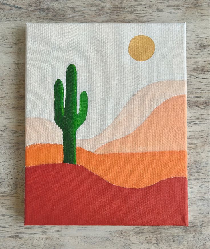 an acrylic painting of a cactus in the desert with a sunset behind it