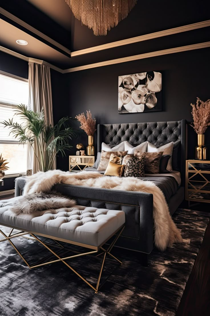 a bedroom with a large bed and lots of fur on the headboard, footstool