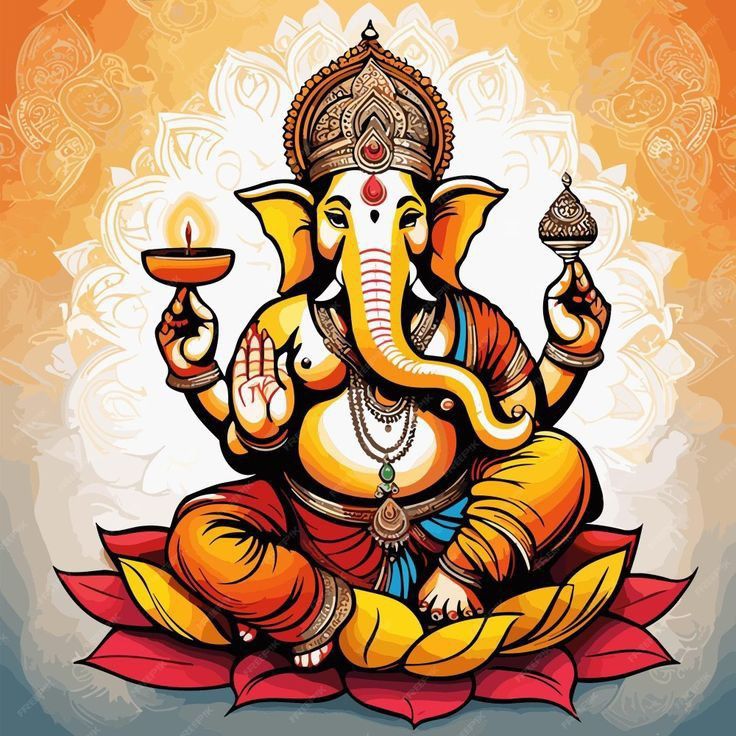 an elephant with a candle in its mouth sitting on top of a red lotus flower