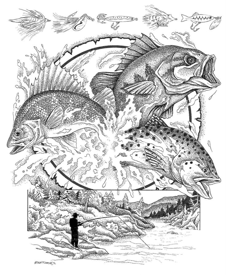 a drawing of two fish in the water with a man standing next to them and fishing