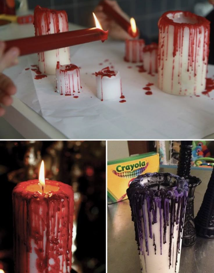 three different shots of candles with blood on them