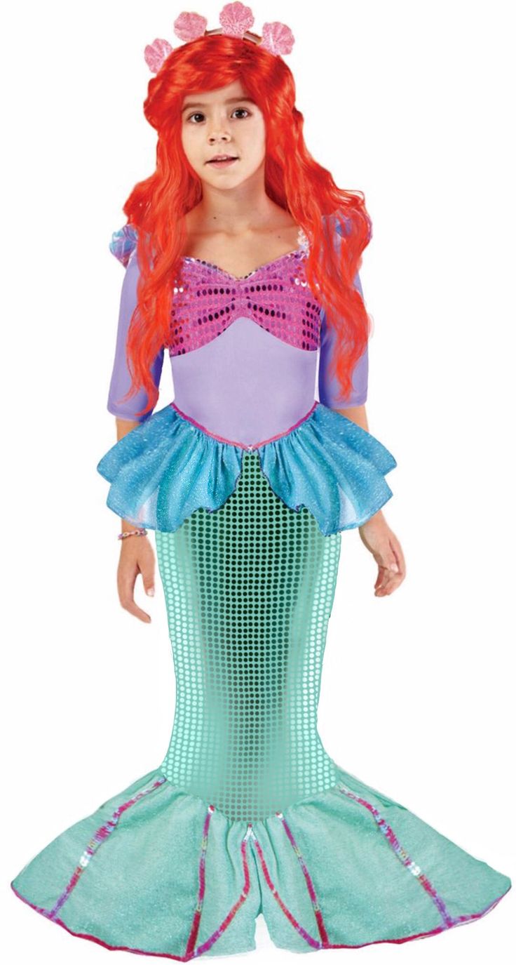 Our 3 pcs total little mermaid costume, includes sequin and lurex mermaid dress, foam seashells headband and long synthetic red hair wig. Size: toddler (3-4yrs), small (5¨C7yrs), medium (8-10yrs), large (10-12yrs) and x large (12-14yrs) Perfect for halloween dress up parties, little mermaid costume, little Mermaid costume, little Mermaid dress, mermaid girl costume, undersea adventure themed parties, halloween costume dress up, little mermaid role playing, activity, everyday play and more! Child Girl Mermaid Costume, Red Hair Wig, Mermaid Costume Kids, Little Mermaid Dress, Girls Mermaid Costume, Seashell Headband, Ariel Costumes, Little Mermaid Dresses, Little Mermaid Costume