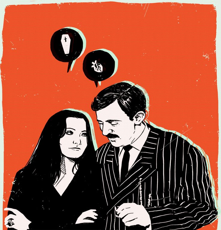 a man and woman sitting next to each other in front of speech bubbles above them