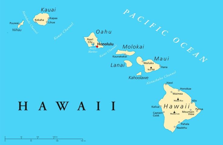 a map of the hawaiian islands and its major cities, including kaua'i