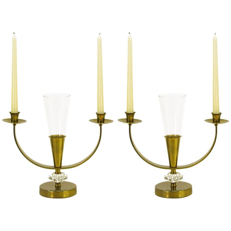 Pair of patinated brass double arm candelabra with cut crystal spacers and leaded crystal fluted center petite vase. Bobeche and striated candle cups are similar to Tommi Parzinger designs for Dorlyn. Crystal Candelabra, Crystal Ship, Candle Cups, Candle Cup, Lead Crystal, Candle Sconces, Decorative Objects, Candle Holders, Wall Lights