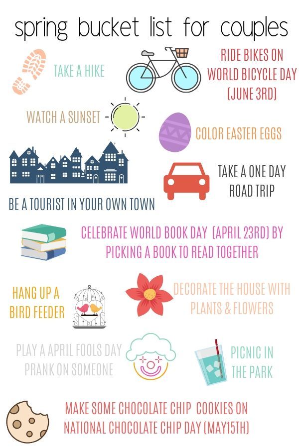 the spring bucket list for couples is shown in this graphic style, with text and pictures