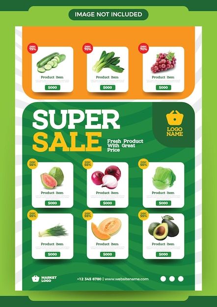 the super sale flyer is shown with fruits and vegetables