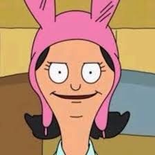 a cartoon character with pink hair wearing a bunny ears hat and looking at the camera