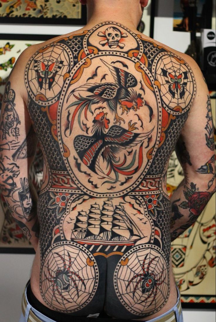 the back of a man's body with tattoos on it and other designs around him