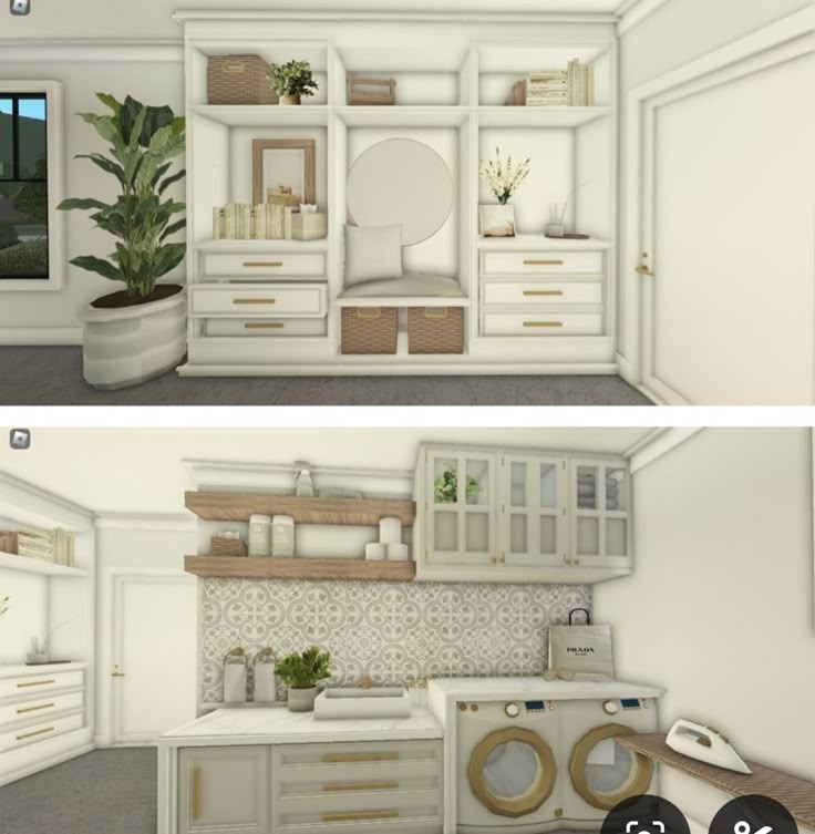 two renderings of the same kitchen and laundry room