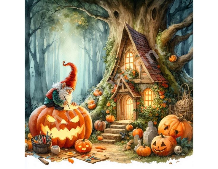 a painting of a gnome sitting on a pumpkin in front of a house with lots of pumpkins around it