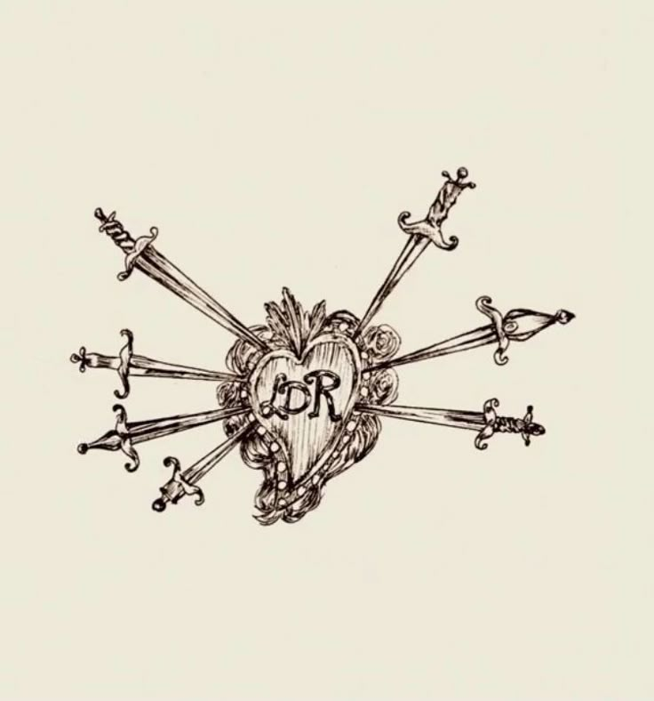 a drawing of a heart surrounded by keys and hearts on top of each other with the letter r in the middle