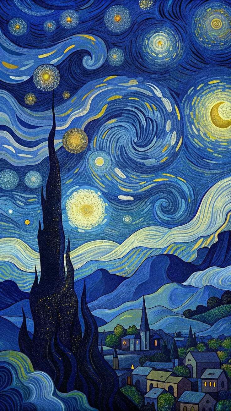 Blue Wallpaper Van Gogh, Notte Stellata Van Gogh Wallpaper, A Starry Night Wallpaper, Stary Night Paintings, Christmas Wallpaper Night, Van Gogh Wallpaper Aesthetic, The Starry Night Wallpaper, Van Gogh Paintings Wallpaper, Pintura Van Gogh