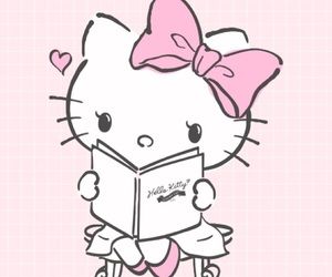 hello kitty reading a book while wearing a pink bow on her head and sitting down