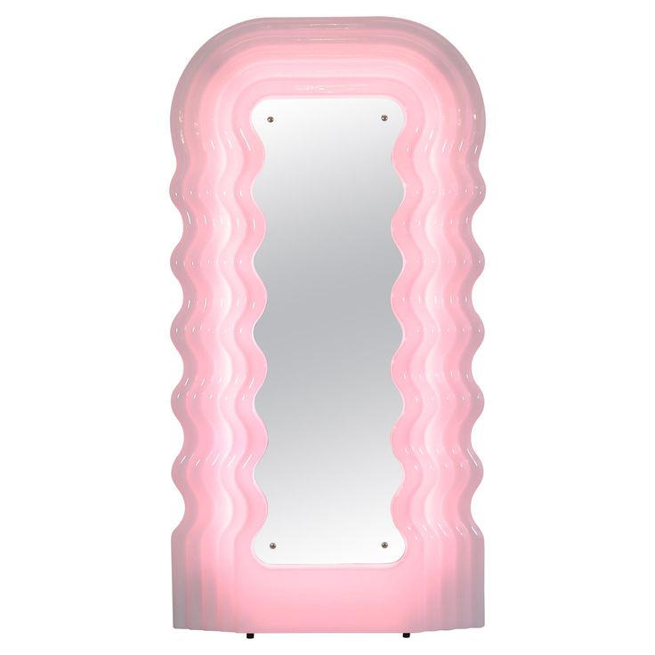 a pink light up mirror with wavy lines on the front and sides, against a white background