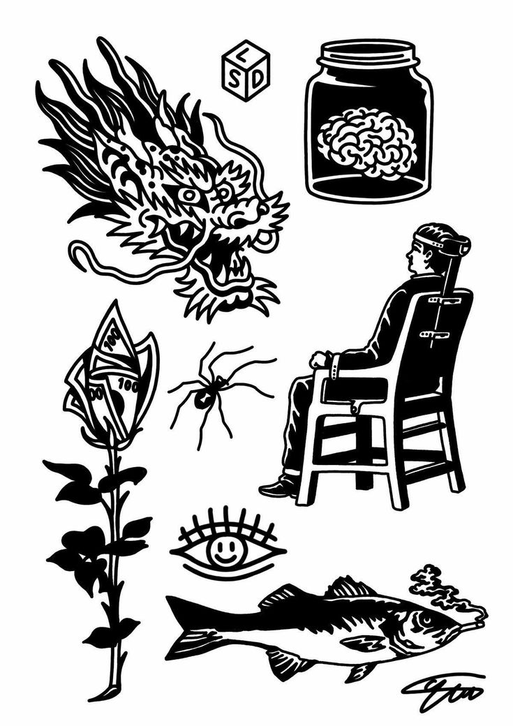 black and white drawing of various items in front of a person sitting on a chair