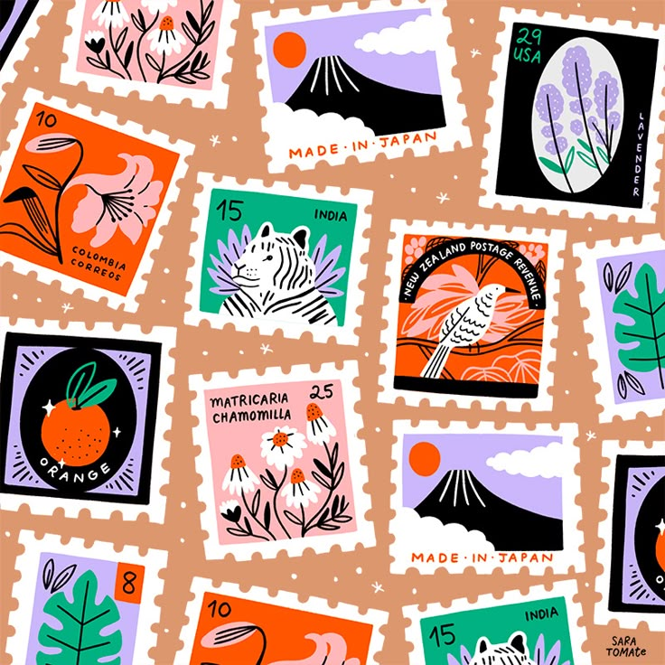 an orange and green background with stamps on it that say made in japan, which is also part of the stamp collection