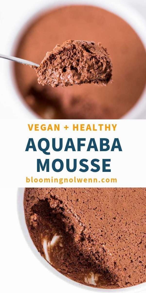 vegan and healthy aquafaba mousse in a white bowl with spoon