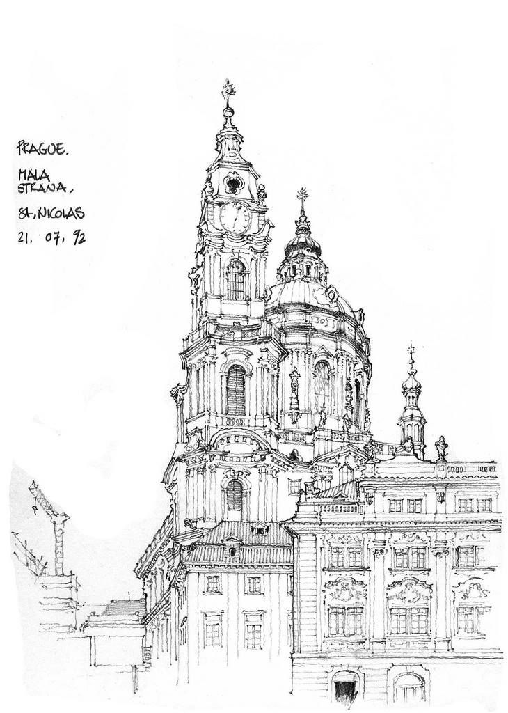 a drawing of a building with a clock tower