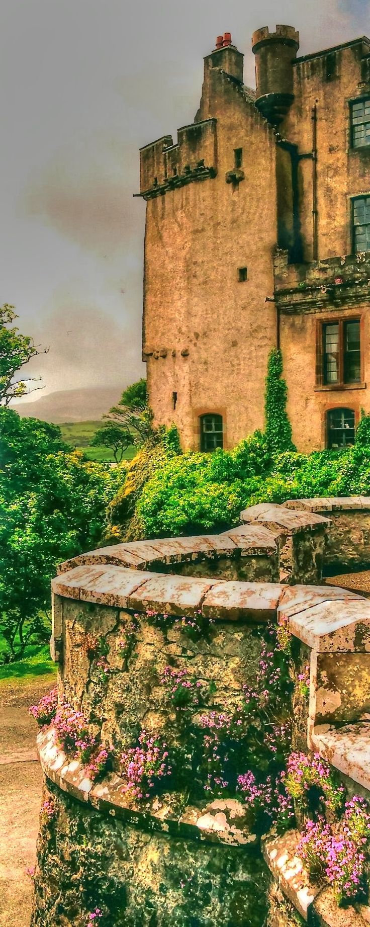 an old castle with flowers growing out of it