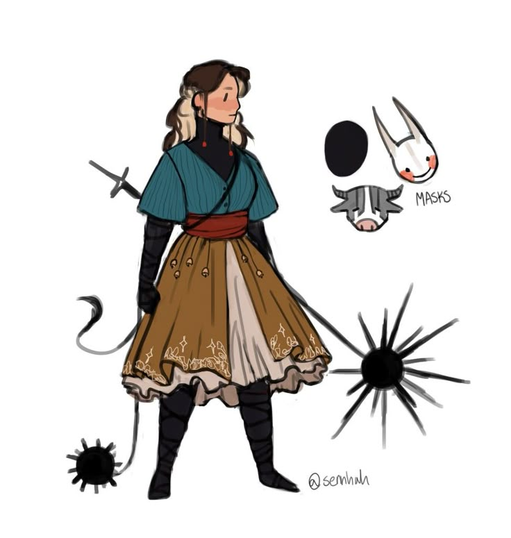 a drawing of a woman in medieval dress with two swords and an animal behind her