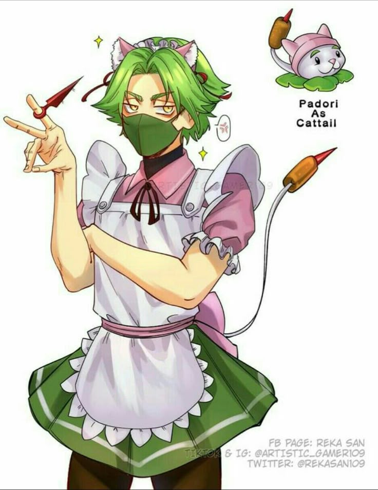 an anime character with green hair wearing a mask and holding a paintbrush in her hand