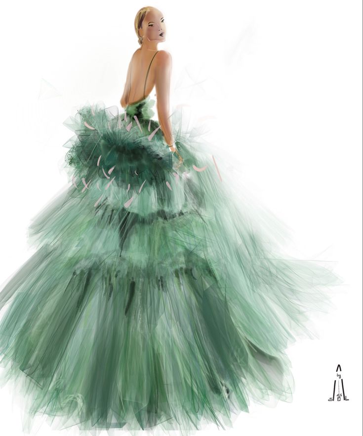 a drawing of a woman in a green dress with ruffles on the skirt