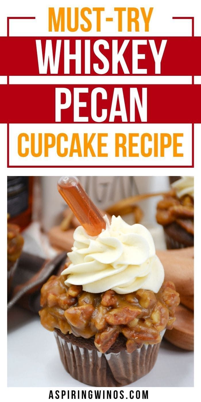 a cupcake with white frosting on top and the words must try whiskey pecan cupcake recipe