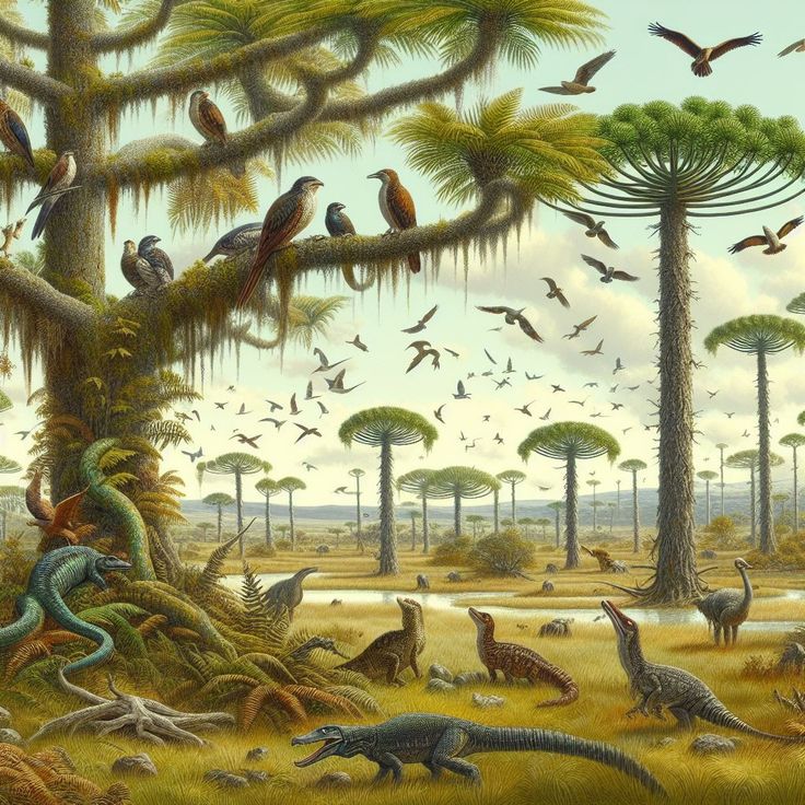 an artist's painting of dinosaurs and birds in the jungle