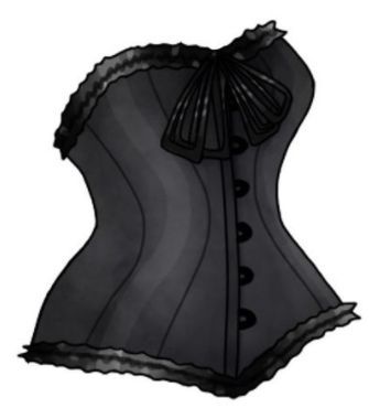 an illustration of a corset that is black and has buttons on the front