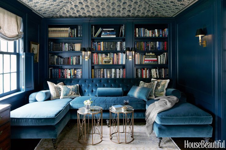 a blue couch sitting in front of a bookshelf filled with lots of books