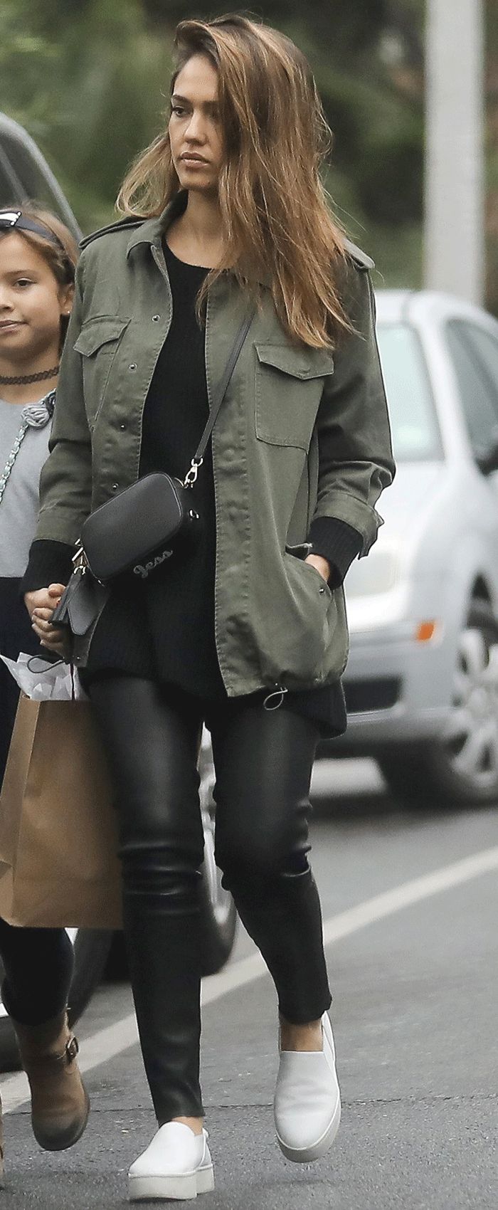 Jessica Alba's Stylish $40 Jacket Is Still Available  via @WhoWhatWear Olive Green Cargo Jacket Outfit, Current Casual Outfits, Khaki Leather Leggings Outfit, Green Parka Jacket Outfit, Olive Cargo Jacket Outfit, Khaki Green Jacket Outfit, Olive Jacket Outfit Winter, Olive Rain Jacket Outfit, Army Green Jacket Outfits For Women