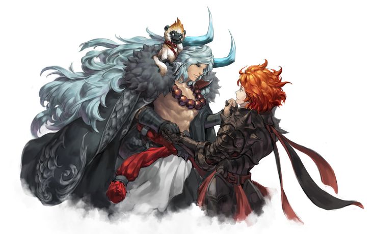 two anime characters with red hair and horns