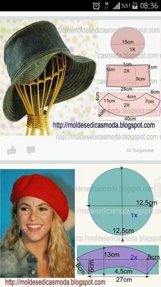 a woman wearing a red hat next to an image of a green hat and measurements