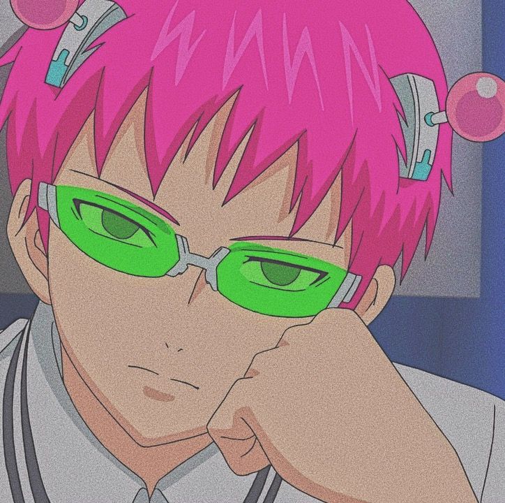 an anime character with pink hair and green glasses