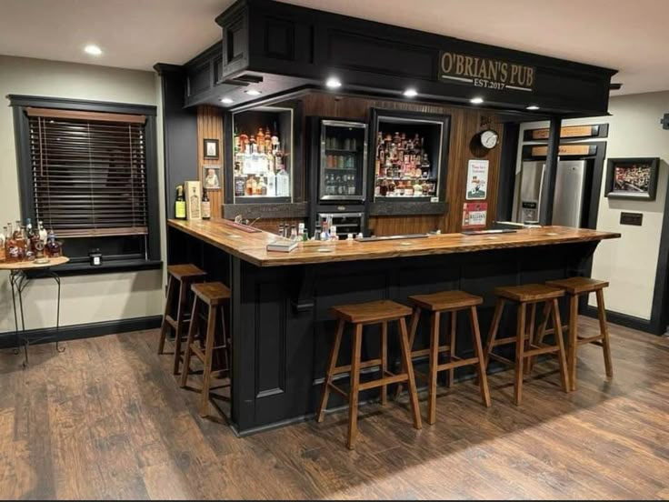 a home bar with stools around it