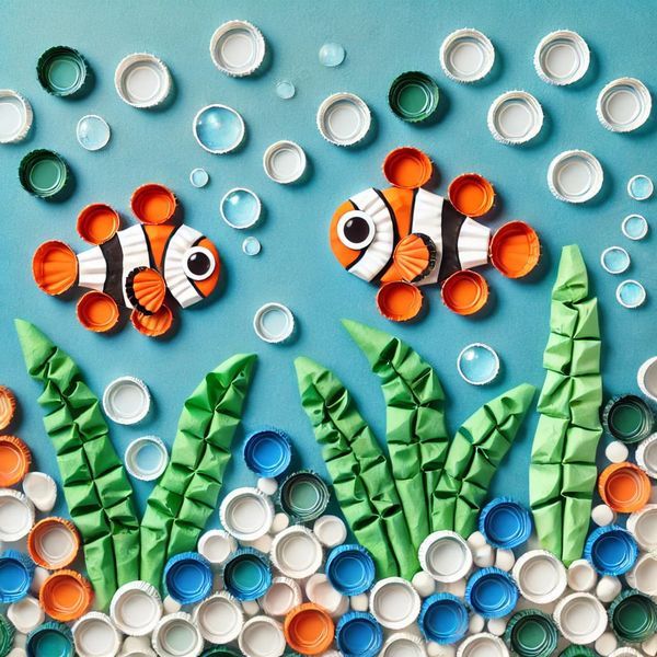 two clown fish made out of empty beer caps on a blue background with green leaves and bubbles