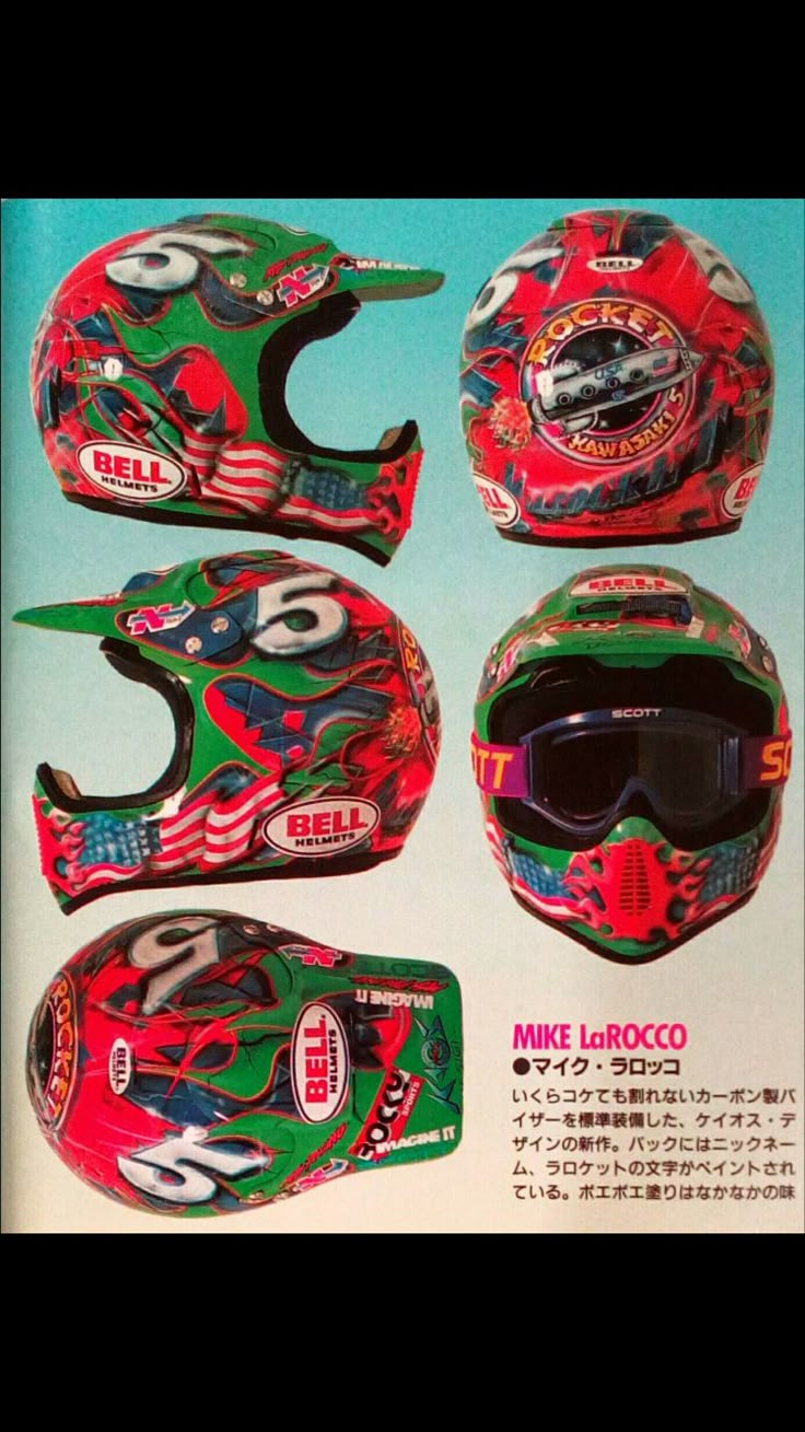 an advertisement for a motorcycle helmet with different colors and designs on the front, side, and back