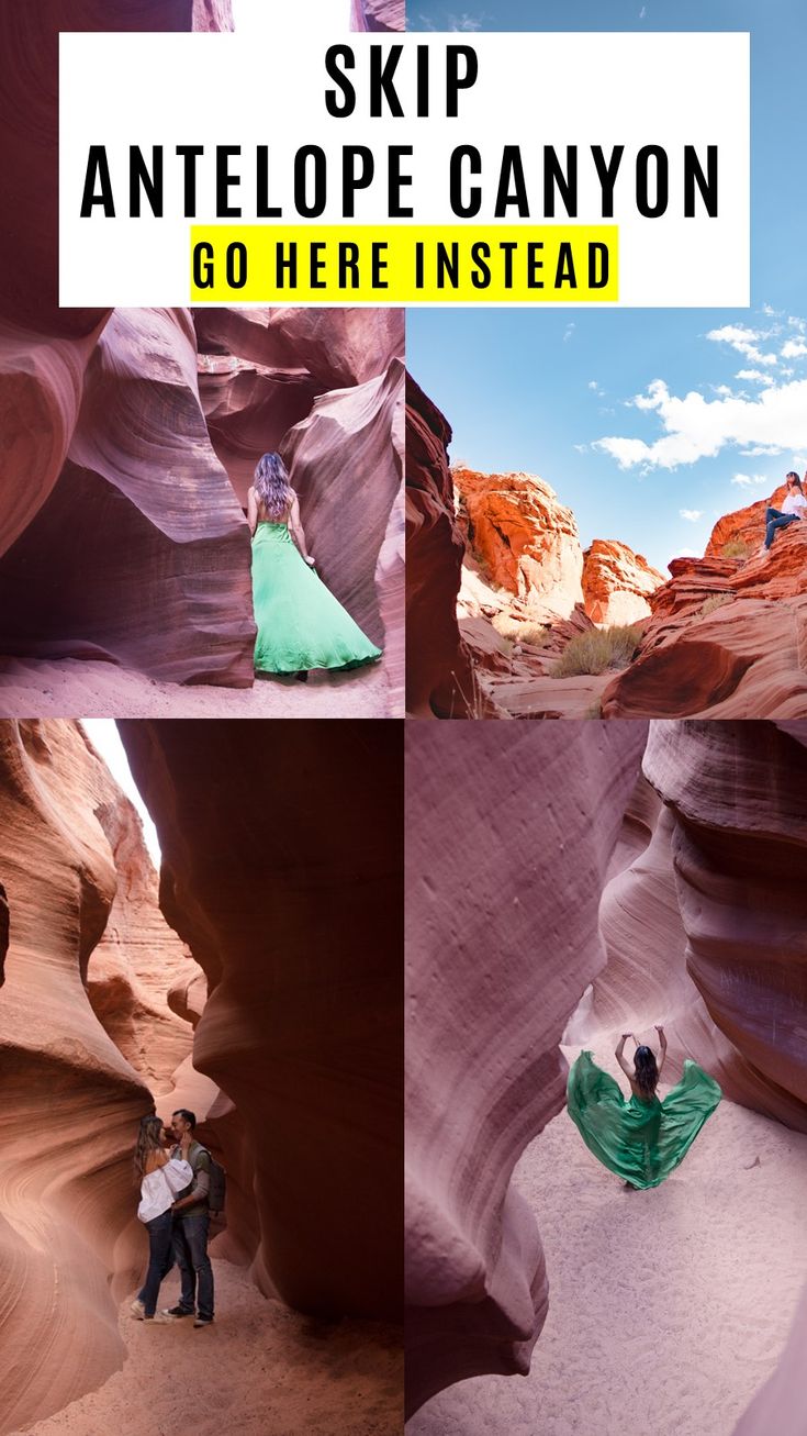 a man and woman standing in the middle of a canyon with text overlay reading skip antelope canyon go here instead