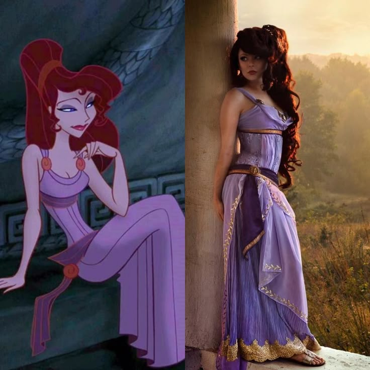 a woman in a purple dress standing next to a wall with an image of ariel from the little mermaid on it