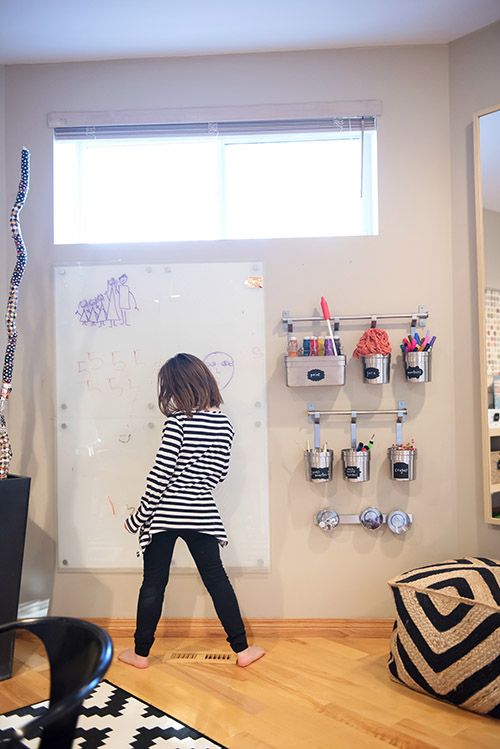 Living With Kids: Alana Chernecki Whiteboard In Playroom, Playroom Whiteboard Wall, Playroom Whiteboard, Kids Art Storage, Kids Desk Area, Whiteboard Design, Basement Game Room Ideas, Toy Room Storage, Sensory Gym