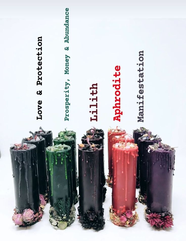 there are seven different colored vases with flowers on them and the words in red, green, purple, and black