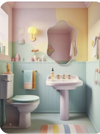 a bathroom with pastel walls and flooring